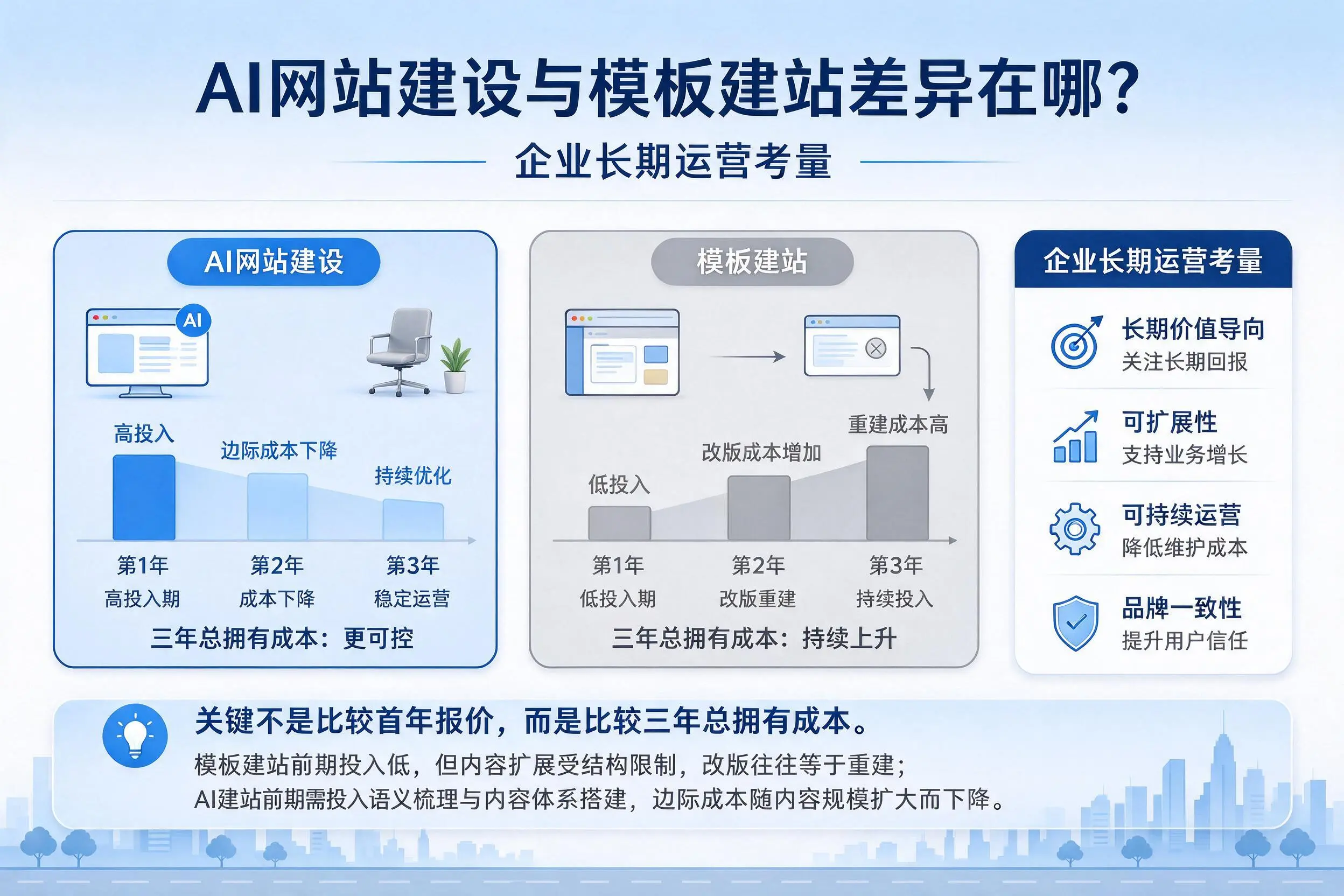 AI网站建设与模板建站差异在哪?伊春企业长期运营考量